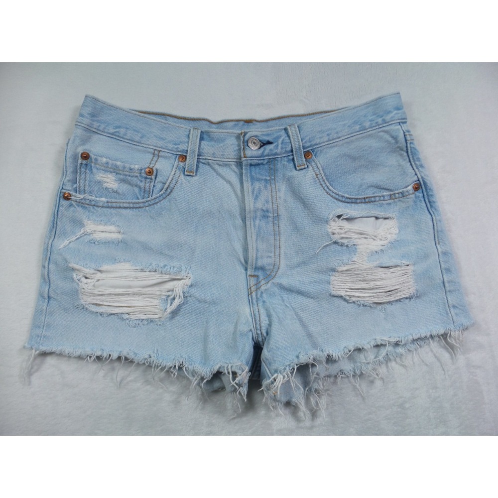 Levis 501 Jean Shorts Womens Size 32 Blue Denim High Rise Distressed Button Fly